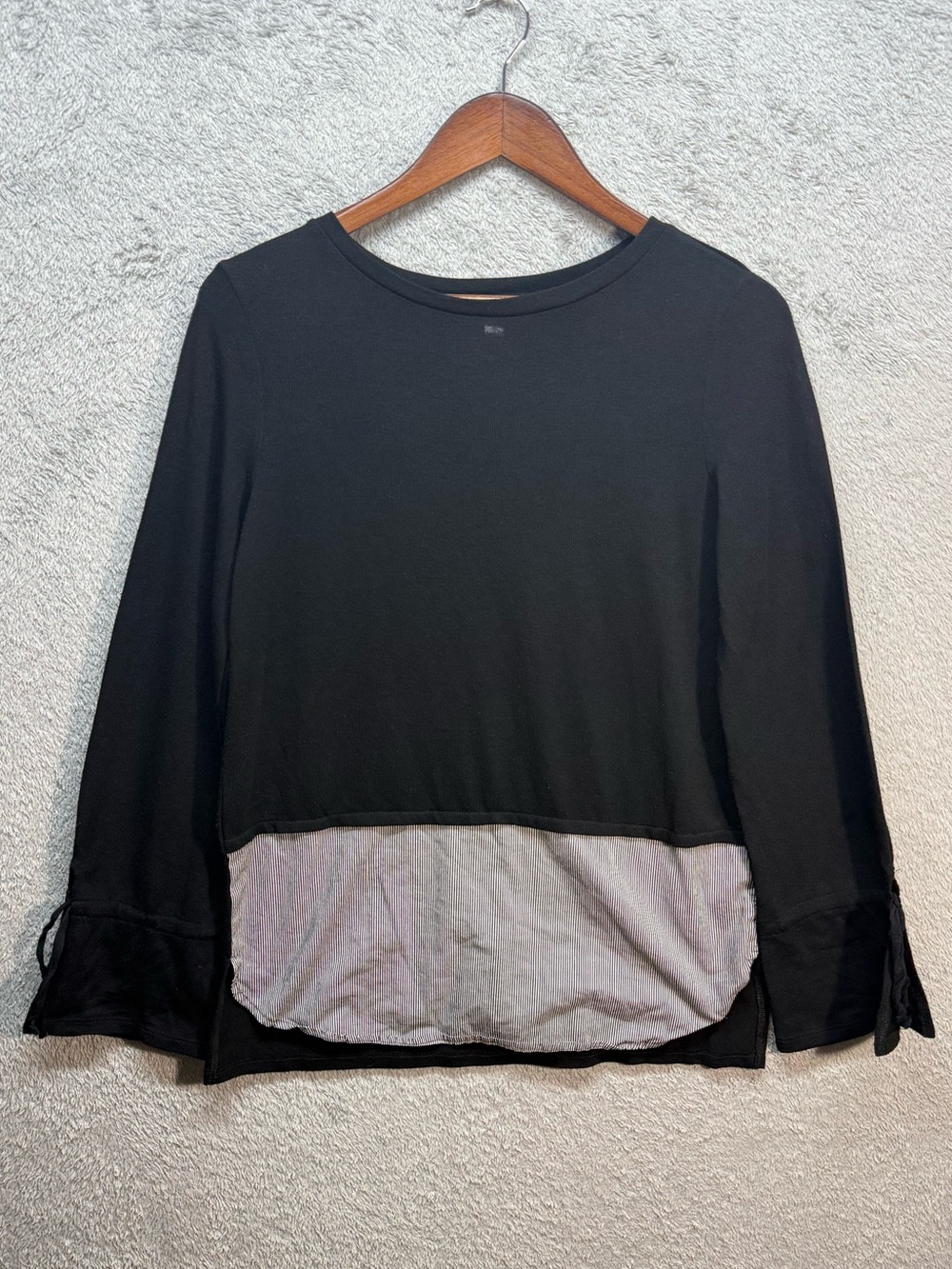 Signature Studio Black Knit Top Striped Poplin Hem Mixed Media Shirt S